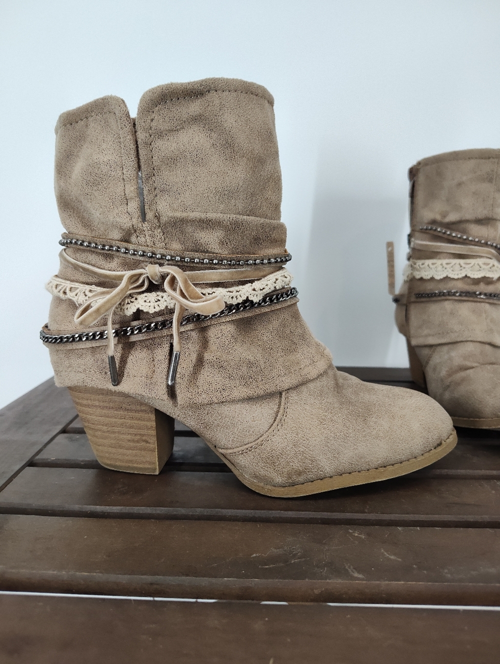 pop Wichita Taupe Faux Leather Lace-Trim Heeled Ankle Boots Women's 8.5M - Picture 6 of 13